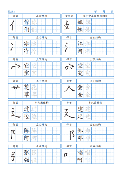 双列偏旁部首描字帖